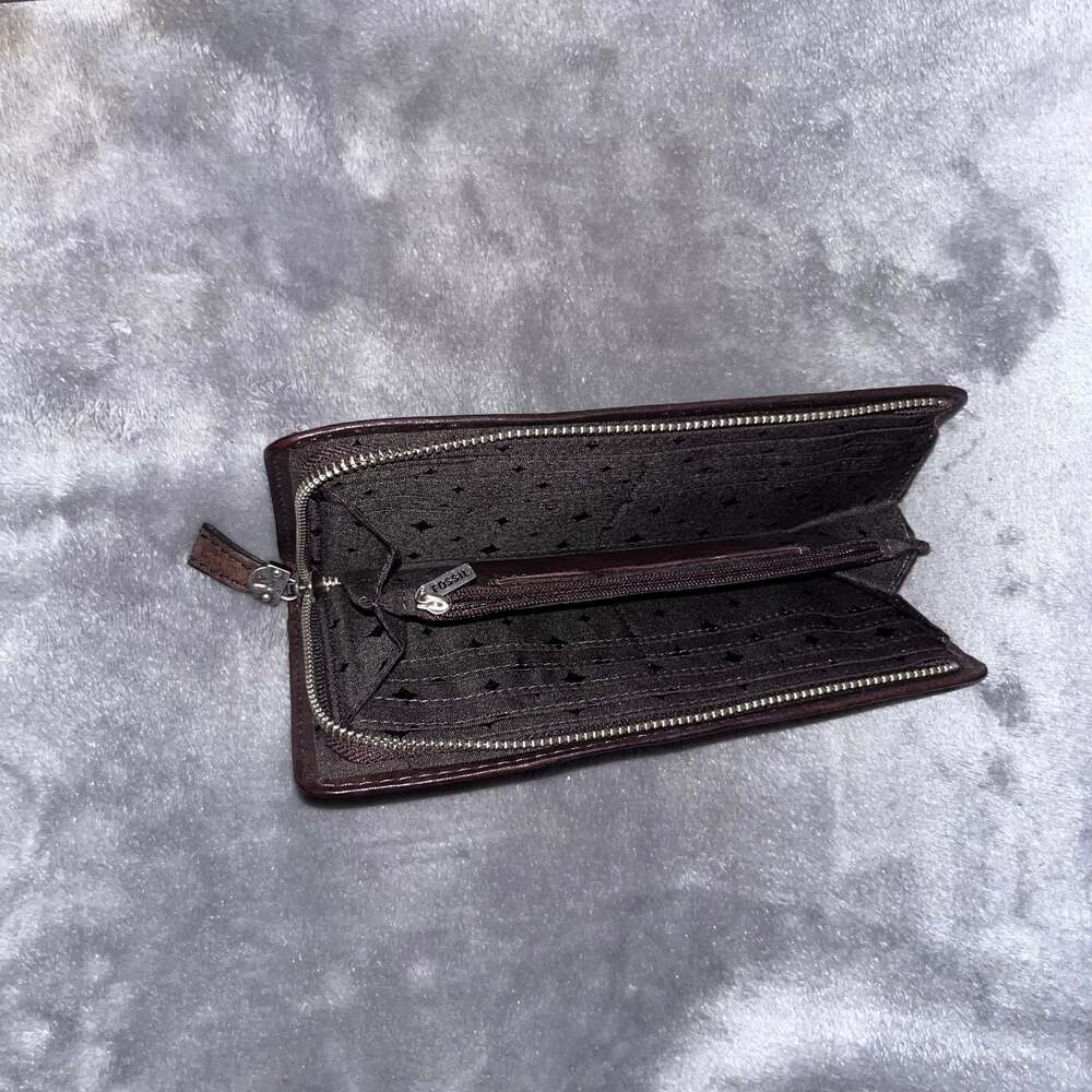 Fossil Logan Zip Around Wallet, Black Jacquard and Brown Leather - Picture 3 of 3